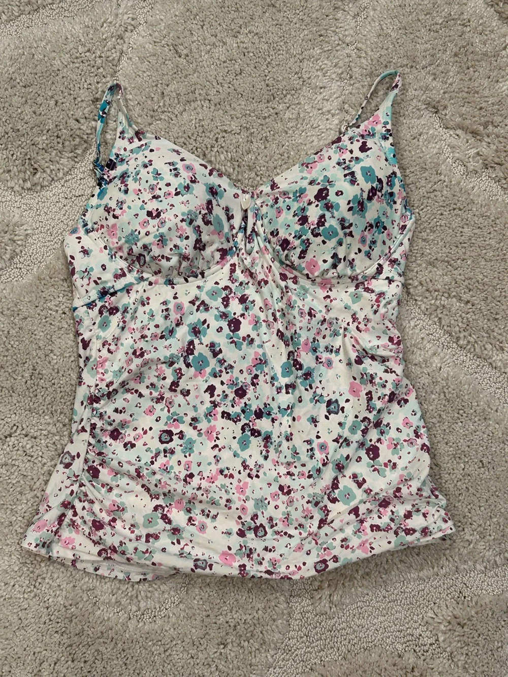 Anne Cole Floral Tankini Swim Top in White, Teal & Plum